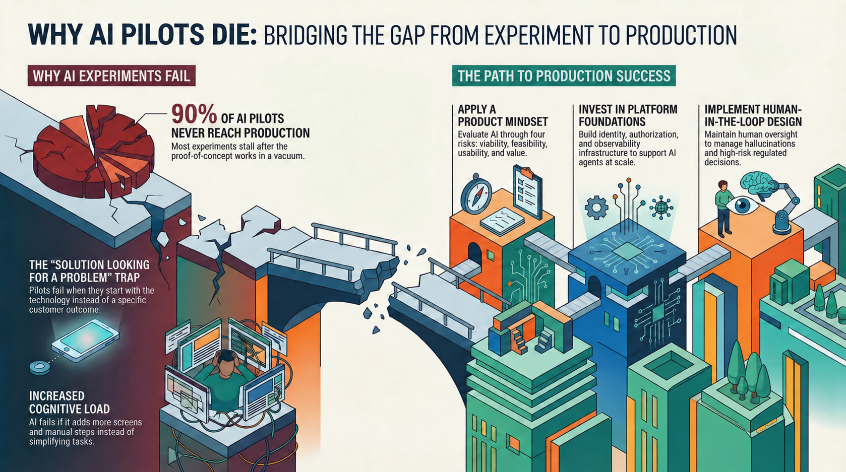 Infographic showing the gap between failed AI pilots and production success through product thinking, platform foundations and human oversight